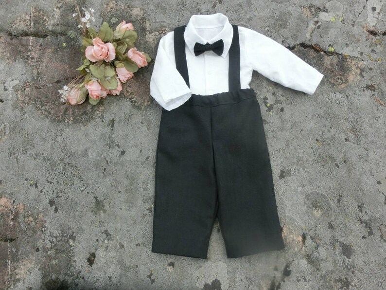 Baby Boy Wedding Suitblack Linen Suspender Pants Baby Ring Etsy