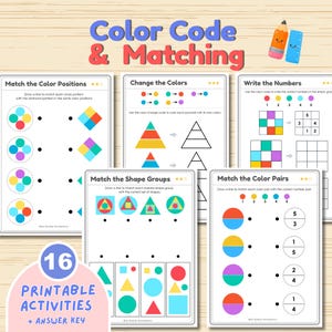 May include: A set of 16 printable educational activity sheets titled Color Code & Matching. The pages feature exercises for matching colour positions, changing colours, writing numbers, matching shape groups, and pairing colours with numbers.