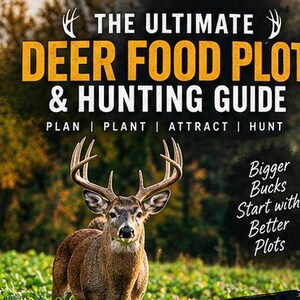 May include: A guide titled THE ULTIMATE DEER FOOD PLOT & HUNTING GUIDE with the text PLAN | PLANT | ATTRACT | HUNT and Bigger Bucks Start with Better Plots. The cover features a brown deer with large antlers standing in a green field.
