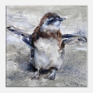 May include: An oil painting of a penguin with its wings spread wide. The artwork features visible brushstrokes in shades of brown, white, grey, and black. The penguin is centred against a textured, neutral-toned background with paint splatters.