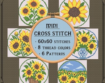 Könnte beinhalten: Ein hölzerner Stickrahmen, zentriert über sechs kreisförmigen Kreuzstichmustern mit Sonnenblumen. Der Text lautet: MINI CROSS STITCH, 60x60 STITCHES, 8 THREAD COLORS, 6 PATTERNS. Die Designs zeigen verschiedene Sonnenblumenarrangements in Vasen, Körben und Feldern.