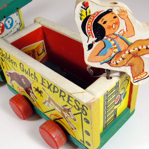 SALE Vintage Wood Train Pull Toy - Fisher Price Golden Gulch Express No.191 - Indian, Collectors Gift