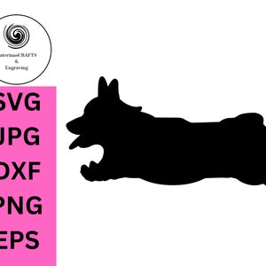 May include: Black silhouette of a Corgi dog lying down. The silhouette is facing the left side of the image.