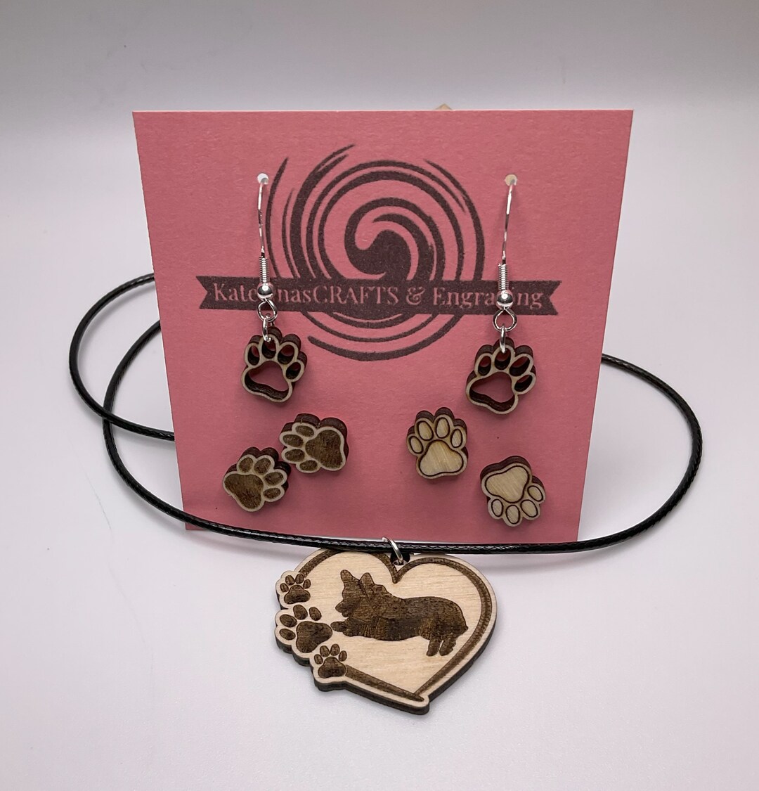 Buy Cute Corgi Necklace and Paw Earring Set, Welsh Pembroke