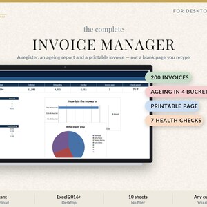 Può includere: Un gestore di fatture digitale per Excel desktop con una dashboard che mostra dati finanziari, grafici e diagrammi. Il testo include: The complete INVOICE MANAGER, 200 INVOICES, AGEING IN 4 BUCKETS, PRINTABLE PAGE e 7 HEALTH CHECKS.