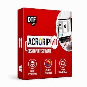 Puede incluir: Una caja de software roja para AcroRip v11 Desktop DTF Software. El frente presenta el texto DTF v2, AcroRip v11 y Desktop DTF Software. Tres iconos circulares representan DTF Printing, Color Control y Print Workflow. Se muestra un portátil.