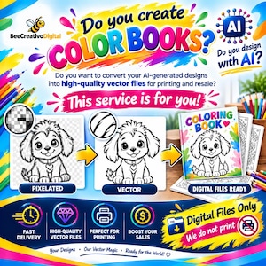 Puede incluir: Un anuncio de servicio digital para convertir ilustraciones de cachorros generadas por IA pixeladas en archivos vectoriales de alta calidad para libros de colorear. El gráfico incluye texto, una comparación y varios iconos informativos.