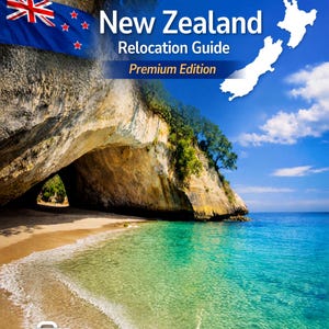 May include: A New Zealand Relocation Guide Premium Edition book cover featuring a coastal landscape with a rocky archway, sandy beach, and turquoise water. The New Zealand flag, a map outline, and four white icons representing travel and housing are visible.