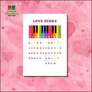 May include: A white sheet of music titled LOVE STORY featuring a colorful piano keyboard diagram with labeled keys and rows of colored letters representing musical notes, including numbers above each letter to guide the piano player.