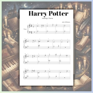 May include: A sheet music page titled Harry Potter Hedwig's Theme by John Williams, featuring piano notation with treble and bass clefs, measure numbers, and finger numbering. The white paper is centered against a dark, magical-themed background.