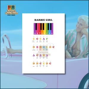 May include: A white sheet of music titled BARBIE GIRL featuring a colorful piano keyboard graphic with labeled keys A through G. Below the keyboard are lyrics and corresponding musical notes in various colors with finger numbering guides.