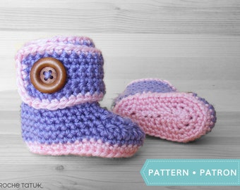 Konfo slipper for baby. Crochet pattern by Akroche Tatuk (english and french).