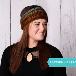 May include: A knitted headband in shades of blue, gold, and brown. The headband is worn on the head. The text "PATTERN • PATRON" is in a turquoise banner in the lower right corner.