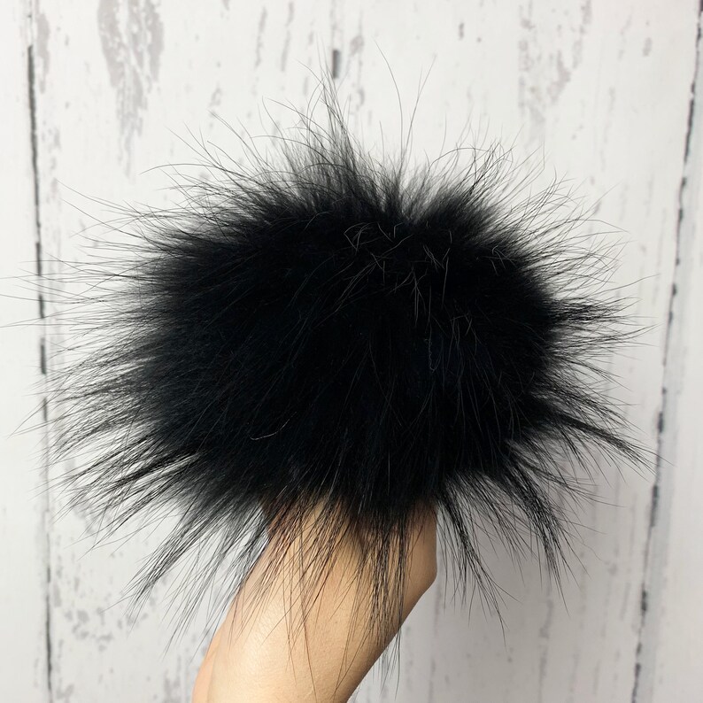 Black raccoon fur pompom for hat beanie image 1