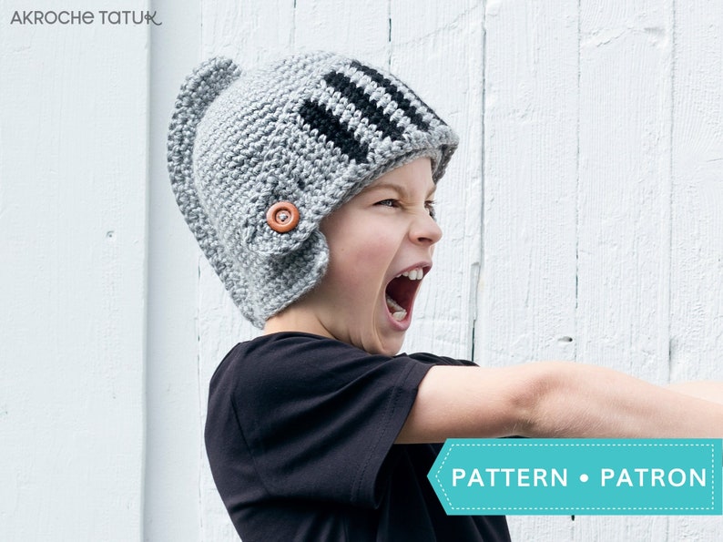 Knight helmet crochet hat pattern for winter in english and french by Akroche Tatuk image 1