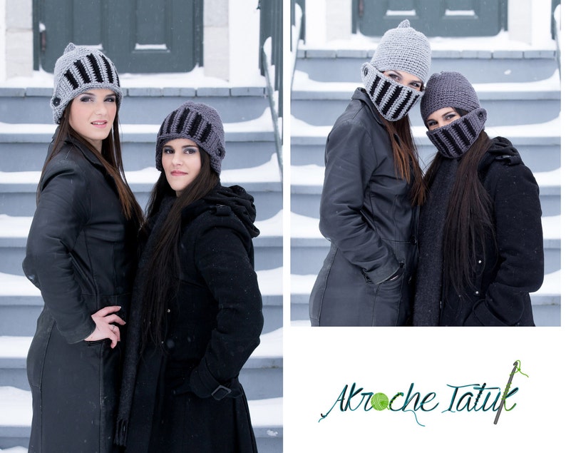 Knight helmet crochet hat pattern for winter in english and french by Akroche Tatuk image 4