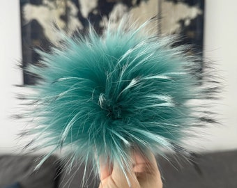 Cyan raccoon fur pompom for hat beanie