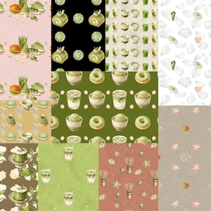 Op de afbeelding: Een digitale collage met diverse patronen van matcha-thema illustraties, waaronder groene theerollen, ijs-matcha lattes, mochi, donuts, gardes en kleine sterren op achtergronden in roze, zwart, wit, olijfgroen en bruin.