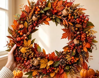 Handmade Fall Front Door Wreath, Autumn Wreath with Physalis, Maple Leaves & Berries, Farmhouse Harvest Thanksgiving Decor