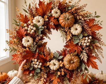 Corona de calabazas otoñales para la puerta principal, decoración para el hogar con diseño de hojas de arce para la cosecha de Acción de Gracias.