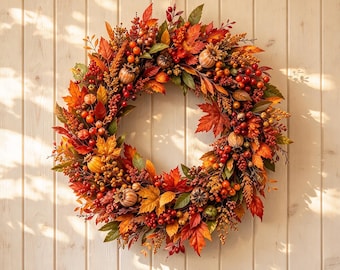 Corona de otoño con calabazas y arce, corona otoñal para la puerta principal con bayas, decoración rústica para Acción de Gracias, regalo de inauguración de casa