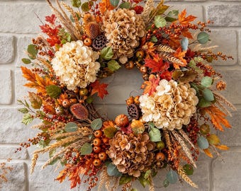 Fall Hydrangea Wreath, Autumn Front Door Wreath with Pumpkins, Farmhouse Thanksgiving Decor, Housewarming Gift