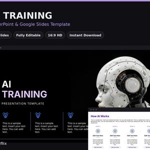 May include: A digital presentation template titled AI TRAINING PowerPoint & Google Slides Template. The layout features a white robotic head on a black background, with text sections labeled AI TRAINING, How AI Works, and sample text placeholders.
