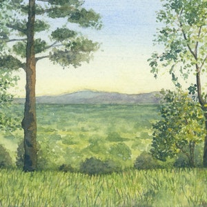May include: A watercolor painting of a landscape scene with a view of a valley and distant mountains. The foreground features a grassy field with two trees on either side of the painting. The trees are green and have a light blue sky in the background.
