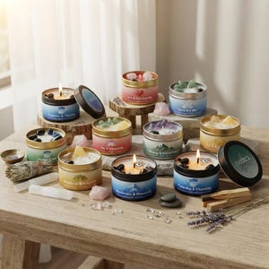 May include: A collection of round metal candle tins with various coloured labels, each containing wax topped with crystals. The candles feature text labels like Protection & Cleansing, Joy & Happiness, and Abundance & Prosperity, accompanied by sage bundles.