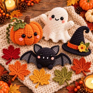 Halloween-virkmönsterpaket i PDF-format, pumpa, spöke, fladdermus och häxhatt, söt amigurumi-höstdekoration, läskigt virkset