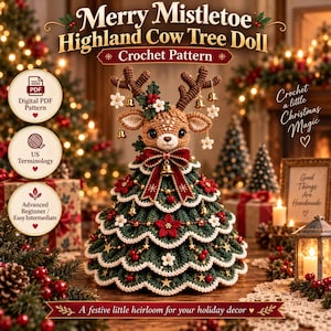 May include: A crochet pattern for a Merry Mistletoe Highland Cow Tree Doll. The doll features a brown cow head with antlers, decorated with white flowers, gold bells, and a red bow. The body is a tiered green Christmas tree with white trim.