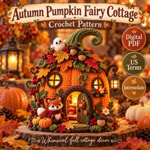 May include: A crochet pattern for an Autumn Pumpkin Fairy Cottage. The design features a large orange pumpkin house with a green stem, decorated with colourful autumn leaves, acorns, a small ghost, and a fox figure near the arched door.