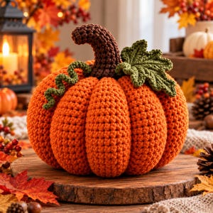 Può includere: Una zucca lavorata all'uncinetto a mano in filato arancione brillante, con un gambo testurizzato marrone scuro, una singola foglia verde all'uncinetto e un viticcio verde a spirale. La zucca ha una forma arrotondata e costolata.