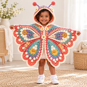 Puede incluir: Una capa de mariposa tejida a ganchillo con capucha que incluye dos antenas con pompones. La capa muestra un patrón vibrante de hilo rosa, turquesa, amarillo y morado, acentuado con pequeños motivos de flores blancas en los bordes.