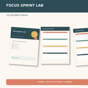 Może przedstawiać: Trzy strony cyfrowego planera zatytułowane Focus Sprint Lab, Focus Session Snapshot i Task Clarity Check. Strony mają kolorystykę ciemnego turkusu, kremu, żółci i koralu z sekcjami do wypełnienia oraz nagłówkami tekstowymi.