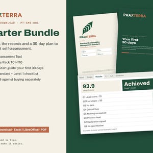 Kit de inicio para la gestión de la sostenibilidad / Herramienta de autoevaluación + 10 plantillas de registro + Guía de 30 días, Excel y PDF / PRAXTERRA