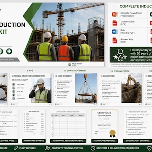 Peut inclure: Un kit de formation complet pour l'induction à la sécurité sur les chantiers, comprenant une présentation PowerPoint, un guide du formateur, un quiz, un registre de présence et des certificats. Il inclut des modules sur les EPI et les urgences.