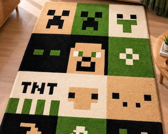 Handmade Pixel Gaming Rug  Tufted Kids Room Carpet 3×5 Ft Wool & Cotton Rug  Gamer Room Decor for gaming room decor