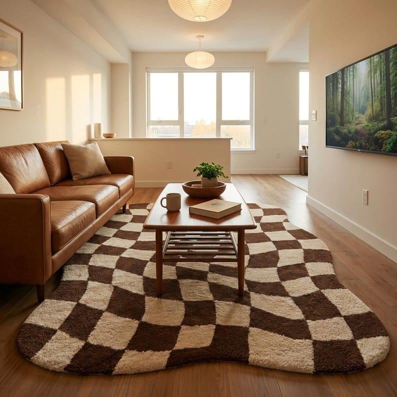 Wavy Edged Rug Wavy Checkerboard Area Rug, Brown Cream Retro Geometric Living Room ...