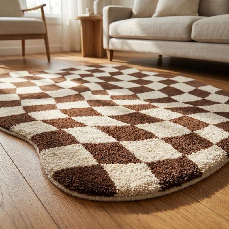 Wavy Edged Rug Wavy Checkerboard Area Rug, Brown Cream Retro Geometric Living Room ...