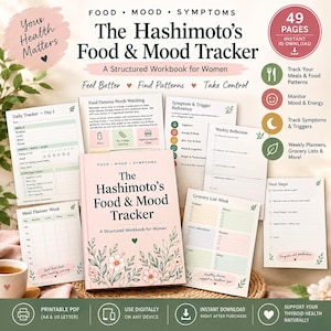 May include: A 49-page digital workbook titled The Hashimoto's Food & Mood Tracker, featuring a pink cover with floral illustrations. The set includes printable pages for daily tracking, meal planning, symptom references, grocery lists, and weekly reflections.