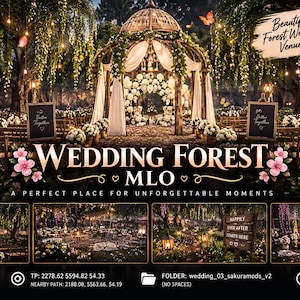 May include: A digital advertisement for a Grand Theft Auto V wedding forest venue MLO featuring a gazebo with white flowers, hanging lights, and butterflies. The text includes Wedding Forest MLO, Love Stories Live Here, and Grapeseed Forest.