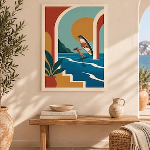 Sonnenuntergangs-Wingfoil-Poster | Retro-Küstenwandkunst