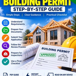 May include: A digital PDF guide titled How to Get a Building Permit Step-by-Step Guide. The document features a list of steps, a construction site background, a yellow hard hat, a rolled blueprint, and a form labelled Building Permit Approved.