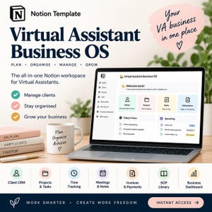 Peut inclure: Un modèle Notion pour un système d'exploitation d'entreprise d'assistant virtuel affiché sur un écran d'ordinateur portable. L'interface comprend des sections pour les clients, projets, tâches et livrables. Un mug blanc porte le texte Plan Organise Achieve.