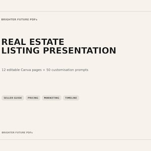 May include: A digital document template titled Real Estate Listing Presentation by Brighter Future PDFs. It includes 12 editable Canva pages, 50 customisation prompts, and four labelled sections: Seller Guide, Pricing, Marketing, and Timeline.
