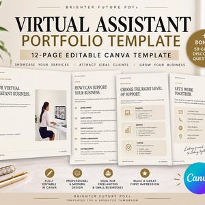 Peut inclure: Un modèle de portfolio pour assistant virtuel de 12 pages pour Canva avec une palette de couleurs neutres. Le document comprend des sections pour les services, les niveaux de support et les contacts, avec des titres comme Your Virtual Assistant Business.