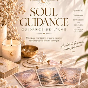 Könnte beinhalten: Ein Kartendeck mit Landschaftsbildern, eine Kerze mit Mondsymbol, ein Kristallpendel und eine kleine Schale. Der Text lautet SOUL GUIDANCE, GUIDANCE DE L'ÂME und DIVINE ESSENCE, ergänzt durch französische Sätze über Übergänge und das Dasein.