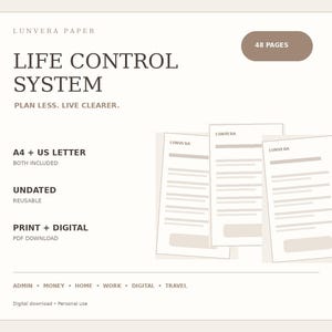 Op de afbeelding: Een digitale planner getiteld Life Control System van Lunvera Paper met 48 pagina's. Het document bevat A4- en US Letter-formaten, is ongedateerd en beschikbaar voor print of digitaal gebruik. Categorieën: admin, money, home, work, digital, travel.