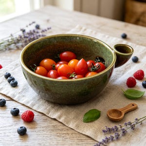 Handmade Ceramic Berry Bowl with Spout, Reactive Glaze Fruit Strainer (Cottagecore Kitchen Decor)